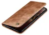 A brown leather flip case for a smartphone, shown from a diagonal angle with the cover partially open. Produktbild-Vorschau