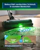 Close-up of a vacuum cleaner head with green light illuminating the floor, and a split image comparing cleaning coverage. Produktbild-Vorschau