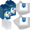 A collage of vacuum cleaner bags and their packaging. The main items are several boxes of vacuum cleaner bags and stacks of individual vacuum cleaner bags. Produktbild-Vorschau