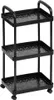 A black three-tier rolling cart with perforated shelves and handles on top. Voir les images du produit