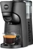 A black Lavazza capsule coffee machine with a cup of espresso in front of it. Produktbild-Vorschau