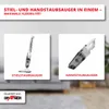 A split image showing two types of vacuum cleaners: a stick vacuum and a handheld vacuum, with text overlays describing their features and brand. Produktbild-Vorschau