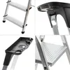 A collage of four close-up images of an aluminum step ladder, highlighting its features and construction. Podgląd zdjęcia produktu