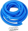 A coiled blue corrugated hose with four metal hose clamps below it, all on a white background. Produktbild-Vorschau