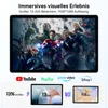 A tablet displaying a movie scene, with app logos and screen size comparisons below. Voir les images du produit