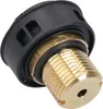 A close-up studio shot of a brass and black threaded cap with an O-ring seal. Voir les images du produit