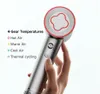 A hand holding a silver hair dryer with a red ring around the nozzle, against a white background. Text on the left describes temperature settings. Podgląd zdjęcia produktu