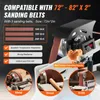 A marketing image showcasing a belt sander with various features and applications. Produktbild-Vorschau
