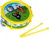 A children's toy drum with cartoon characters on it, along with two drumsticks. Produktbild-Vorschau