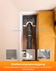 A vacuum cleaner head is shown cleaning a narrow space between a wall and a couch, with inset images showing cleaning in corners, along baseboards, and on stairs. Produktbild-Vorschau