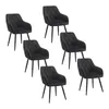 A set of six black dining chairs arranged on a white background.