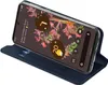 A smartphone in a blue flip case, shown at an angle, with the screen displaying widgets. Produktbild-Vorschau