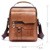 A brown leather messenger bag with dimensions indicated. Produktbild-Vorschau