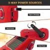 Collage showing three different ways to power a red radio: charging via USB-C, using a hand crank, and using a solar panel. Produktbild-Vorschau