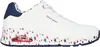 A side view of a single white sneaker with red and blue star patterns on the sole and lining. Voir les images du produit