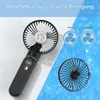 A handheld fan with a digital display is shown in a dynamic composition with close-ups and diagrams. Produktbild-Vorschau