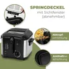 A Clatronic deep fryer is shown with callouts highlighting its features. Produktbild-Vorschau