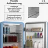 An open retro-style mini refrigerator showing its interior storage compartments and some of the products inside. Text overlays describe storage features. Produktbild-Vorschau