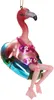 A glass Christmas ornament of a flamingo wearing a bikini and sitting on a swim ring. Produktbild-Vorschau