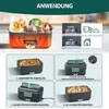 Collage showing the use of an electric lunchbox, including how to fill it, close it, connect it, and heat food. Produktbild-Vorschau