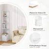 A white corner shelf unit is shown next to a sofa, with marketing text and diagrams highlighting its features. Produktbild-Vorschau