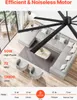 A black ceiling fan with 8 blades is shown installed in a modern living room with a large sectional sofa and two accent chairs. The image also includes text overlays highlighting product features and specifications. Anteprima dell’immagine prodotto