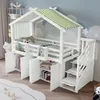 A children's house-shaped bunk bed with storage compartments and stairs, set in a bedroom with cloud-themed wallpaper. Anteprima dell’immagine prodotto