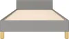 A front view of a grey fabric bed frame with a wooden slat mattress base and four wooden legs. Náhled obrázku produktu