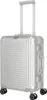 A silver aluminum trolley suitcase with a retractable handle and four wheels, shown against a white background. Produktbild-Vorschau