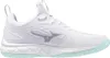 A side view of a white Mizuno Wave Luminous 3 volleyball shoe with blue tint accents. Produktbild-Vorschau