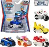 A collage of Paw Patrol Moto-Pups toys, including vehicles and figures, presented in packaging and individually. Produktbild-Vorschau