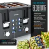 A close-up view of a black Arendo toaster with illuminated controls and a detailed instructional overlay. The image also features a small inset of toast with toppings. Produktbild-Vorschau