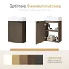 A marketing image showing a bathroom vanity with its door open, displaying storage, and color options below. Náhled obrázku produktu