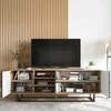 A modern TV stand with a television on top, set against a slatted wooden wall. Produktbild-Vorschau