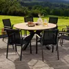 An outdoor dining set with a round table and chairs on a wooden deck, with a scenic landscape in the background. Produktbild-Vorschau