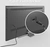 Close-up view of the back of a TV showing a power cord plugged into a Type C Europlug socket. Produktbild-Vorschau