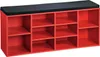 A red shoe cabinet with a black seat cushion on top, shown against a white background. Produktbild-Vorschau
