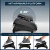 A collage showing a black adjustable footrest with text overlays indicating its features and usage. Produktbild-Vorschau
