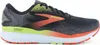A side view of a black and gray Brooks running shoe with orange and yellow accents. Podgląd zdjęcia produktu