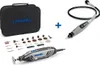 A collage of a Dremel tool kit, including a storage case, a rotary tool, a flex shaft attachment, and various accessories. Produktbild-Vorschau