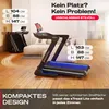A treadmill is shown in a living room setting, with text highlighting its compact design and features. Produktbild-Vorschau