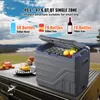 A portable car refrigerator is shown outdoors on a table, with a scenic background of hills and a lake. The refrigerator is open, revealing bottles and fruit inside. Text overlays provide product specifications and capacity information. Produktbild-Vorschau