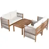 A patio furniture set including a loveseat, two chairs, and a coffee table, all made of wood and rope, with white cushions. Produktbild-Vorschau
