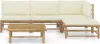A sectional outdoor sofa set with a coffee table, all made of bamboo with beige cushions, displayed on a white background. Produktbild-Vorschau