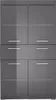A front view of a gray storage cabinet with multiple doors and drawers. Produktbild-Vorschau