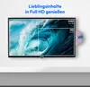 A television screen displaying a large wave, with overlays indicating resolution differences, and a DVD disc nearby. Produktbild-Vorschau