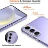 A close-up marketing image showing a transparent phone case with callouts highlighting its protective features for the screen and camera. Produktbild-Vorschau