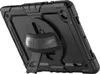 The back of a black tablet case with a stand and hand strap. Produktbild-Vorschau