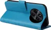 A blue flip cover phone case is shown from the side, with the cover open. Produktbild-Vorschau