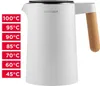 A white electric kettle with a wooden handle is shown against a white background. A series of temperature settings are displayed on the left side of the image. Produktbild-Vorschau